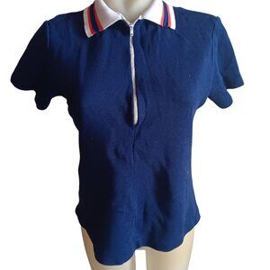 Women's Medium Vintage 70's 1/4 Zip Polo Top Shirt Sears Nylon Ringer Blue
